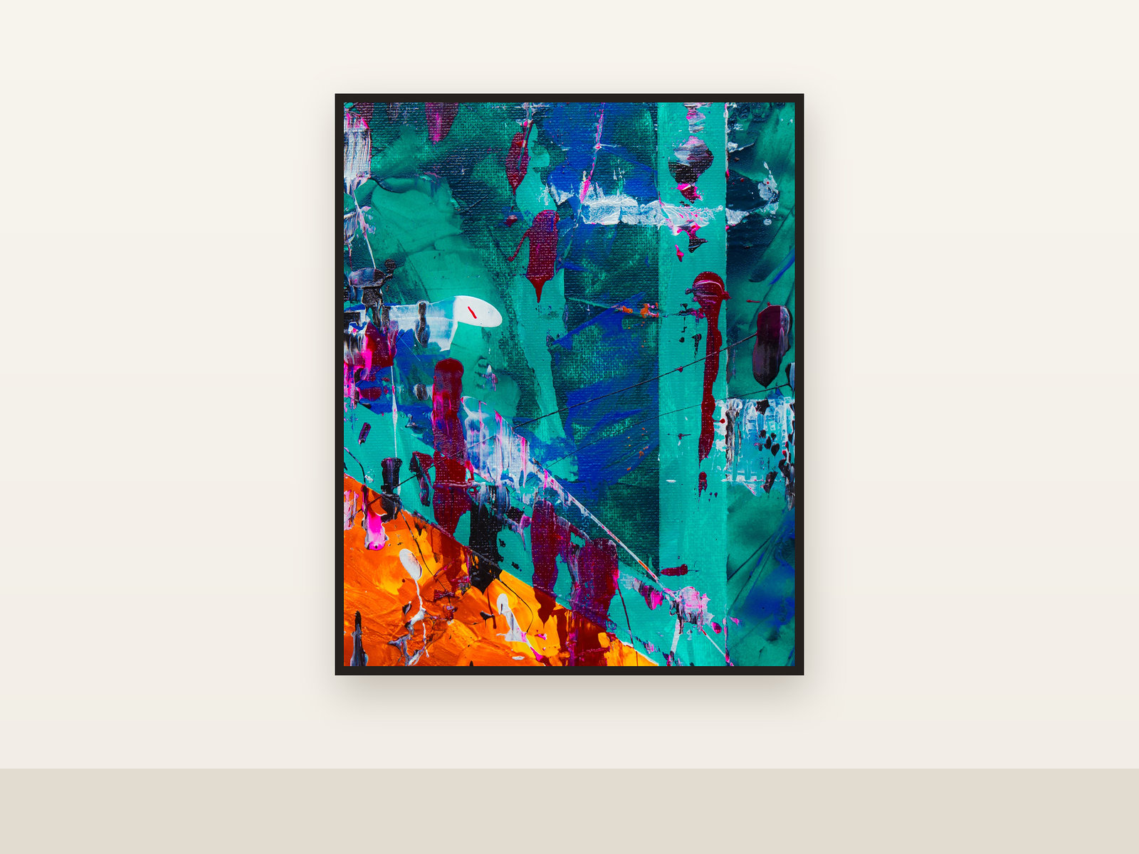 Ember Line, Acrylic and oil stick on canvas, 2026, on a gallery wall