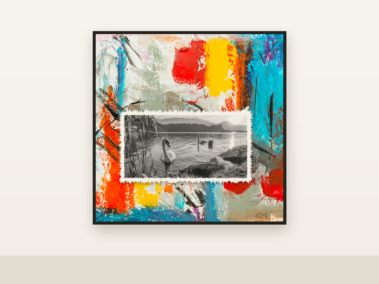 Still Water, Oil and archival print on panel, 2026, on a gallery wall